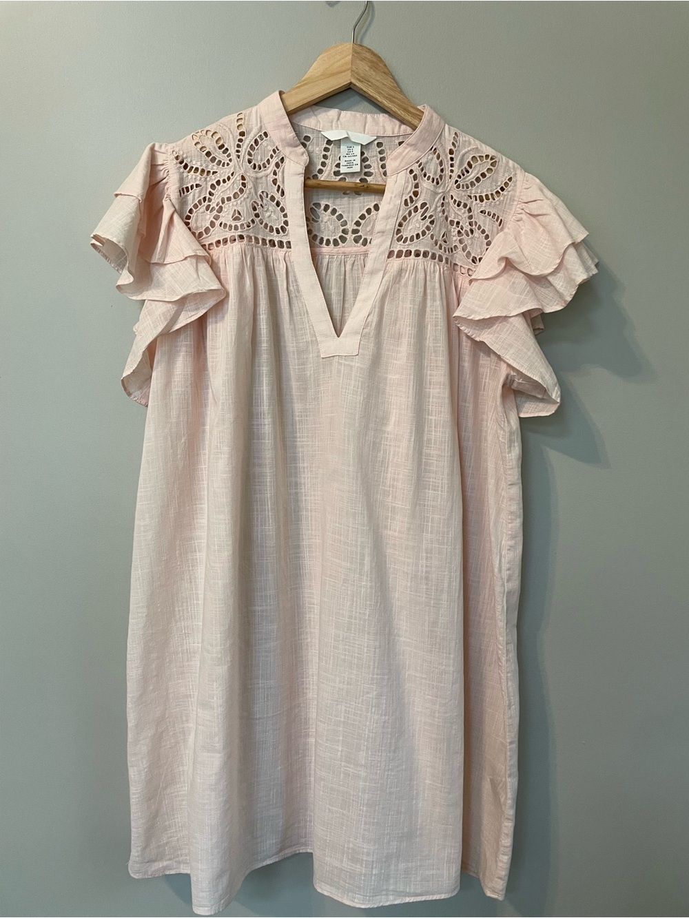 H&M Blush Pink Cotton Eyelet Ruffle Sleeve Mini Dress Small